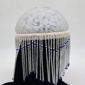 Art Deco Style Vintage White Glass Lamp Shade With Blue White & Clear Bead Fring